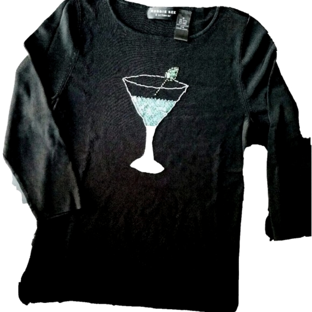 ROBBIE BEE Black-3/4 Sleeve Embellished TOP BEADED/SEQUIN MARTINI GLASS